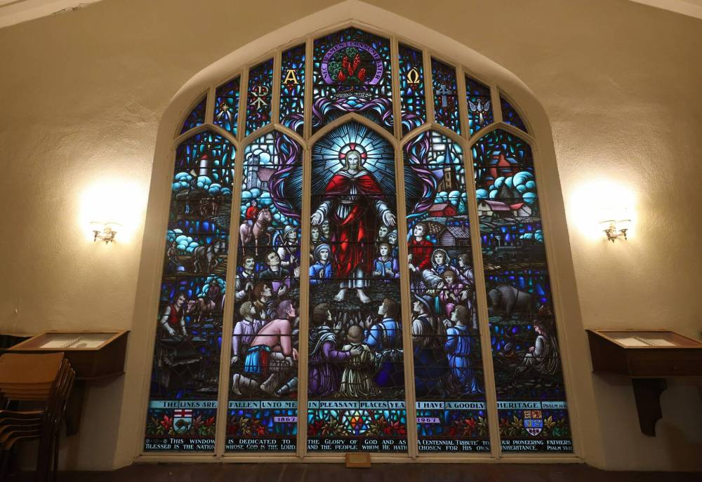 One of the ornate stained-glass windows inside the First Presbyterian Church. (Matt Goerzen/The Brandon Sun)