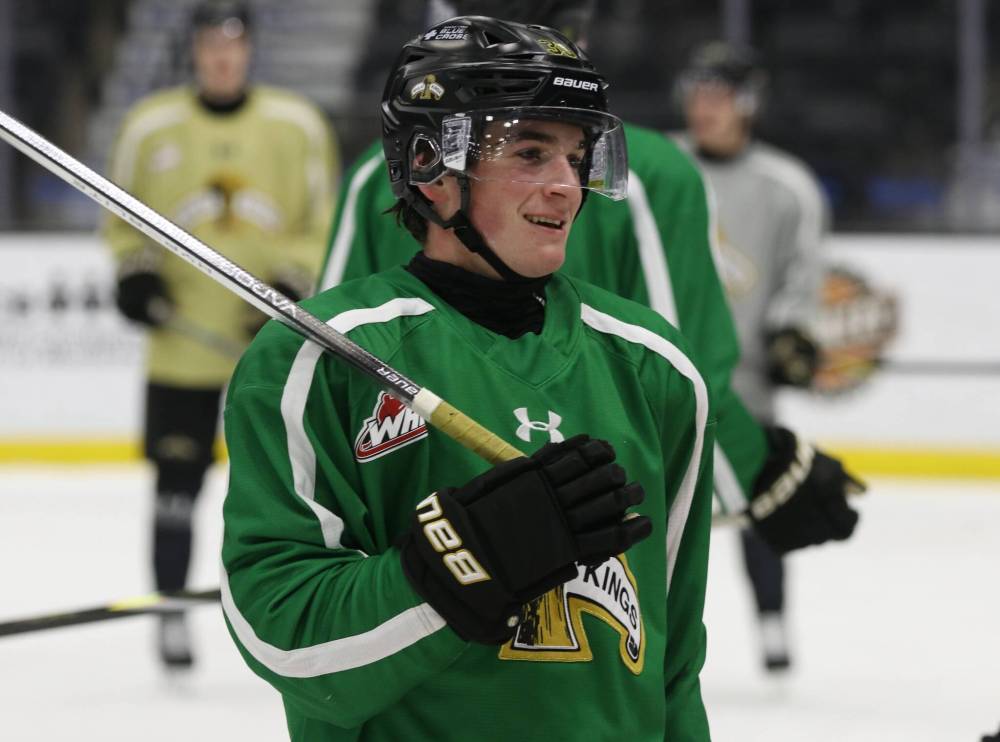 Brandon Wheat Kings forward Easton Odut smiles after a drill at practice on Thursday. Odut and his teammates are feeling some pressure after a subpar start to the Western Hockey League season, but he is confident they can turn it around. (Perry Bergson/The Brandon Sun)
                                Oct. 28, 2025