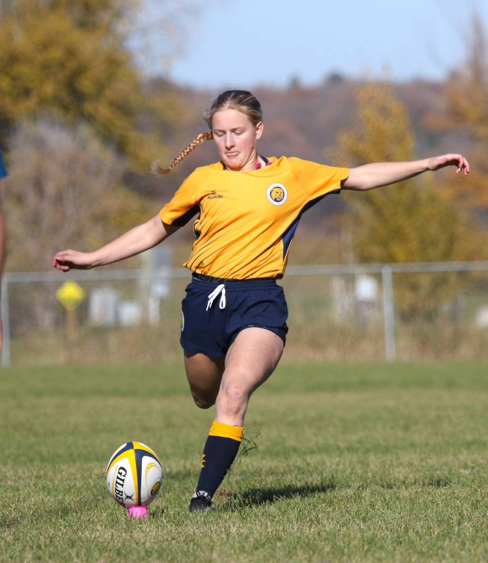 Megan Thompson made one of seven convert attempts for BU on Friday. (Thomas Friesen/The Brandon Sun)