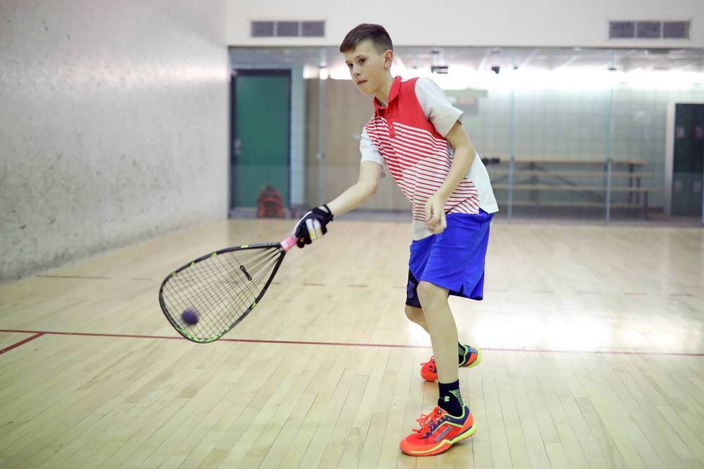Leyton Gouldie is shown competing in the Canadian Junior Racquetball Championships in Calgary in 2018. (Tim Smith/Brandon Sun)