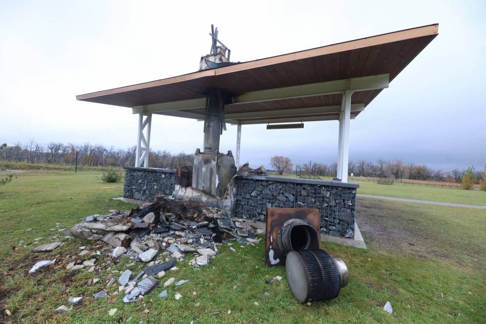 The fireplace at a picnic shelter at the Riverbank Discovery Centre — one of two at the facility — was destroyed after a fire broke out on the morning of Oct. 5. (Photos by Matt Goerzen/The Brandon Sun)
