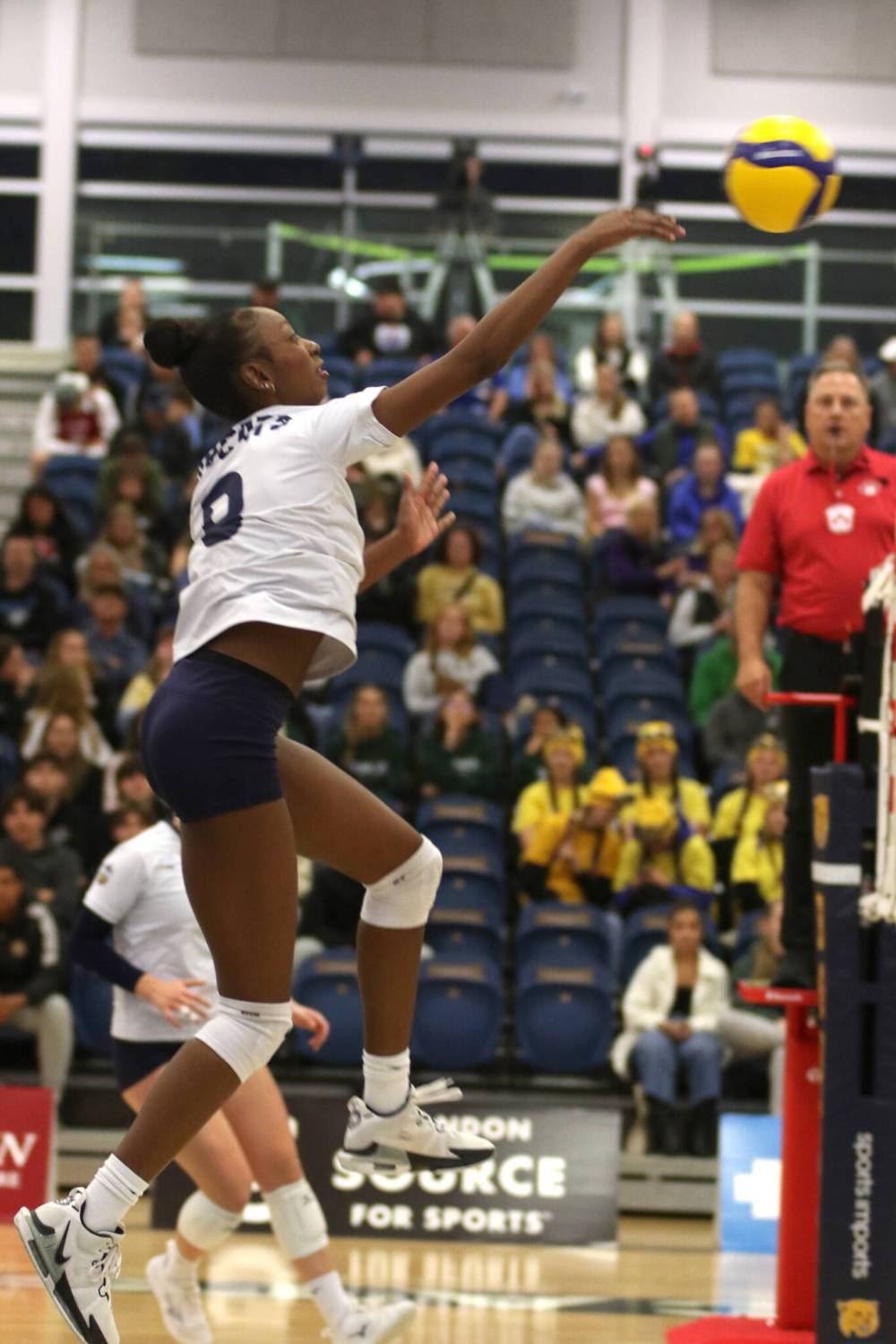 Brandon's Nerissa Dyer attacks against the Mount Royal Cougars during their Canada West women's volleyball match at the Healthy Living Centre on Friday. (Thomas Friesen/The Brandon Sun)
