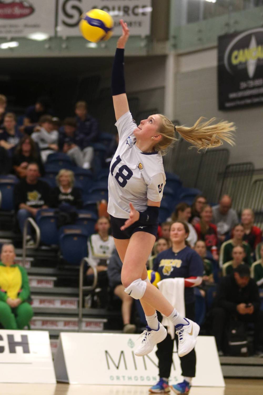 Brandon's Cassidy Hauta serves against the Mount Royal Cougars during their Canada West women's volleyball match at the Healthy Living Centre on Friday. (Thomas Friesen/The Brandon Sun)