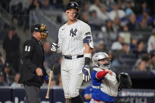 New York Yankees' Aaron Judge reacts after striking out against the Toronto Blue Jays during the eighth inning of Game 4 of baseball's American League Division Series, Wednesday, Oct. 8, 2025, in New York. (AP Photo/Frank Franklin II)