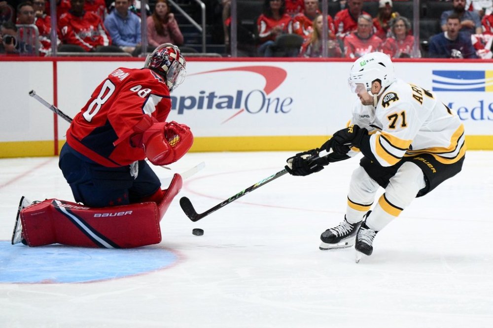 Washington Capitals goaltender Logan Thompson (48) stops Boston Bruins left wing Viktor Arvidsson (71) during the second period of an NHL hockey game, Wednesday, Oct. 8, 2025, in Washington. (AP Photo/Nick Wass)