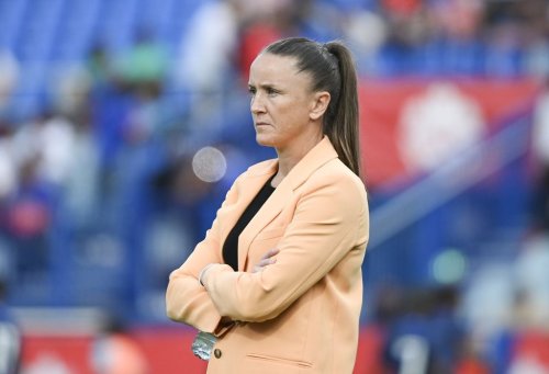 Canada head coach Casey Stoney looks on during the warm-up ahead of their international friendly soccer match against Haiti in Montreal on Tuesday, June 3, 2025. THE CANADIAN PRESS/Graham Hughes