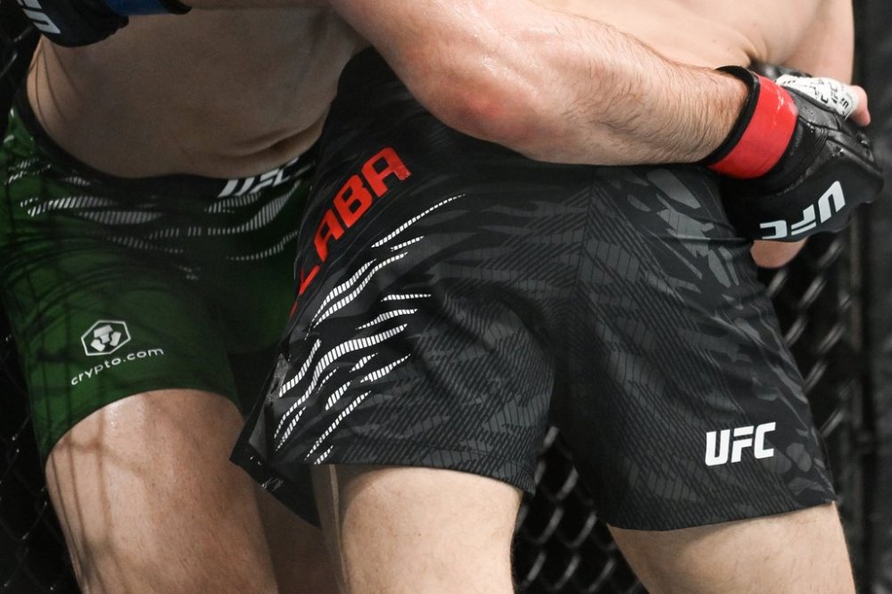 The UFC logo on the shorts and gloves of fighters at UFC 315 in Montreal, Saturday, May 10, 2025. THE CANADIAN PRESS/Graham Hughes