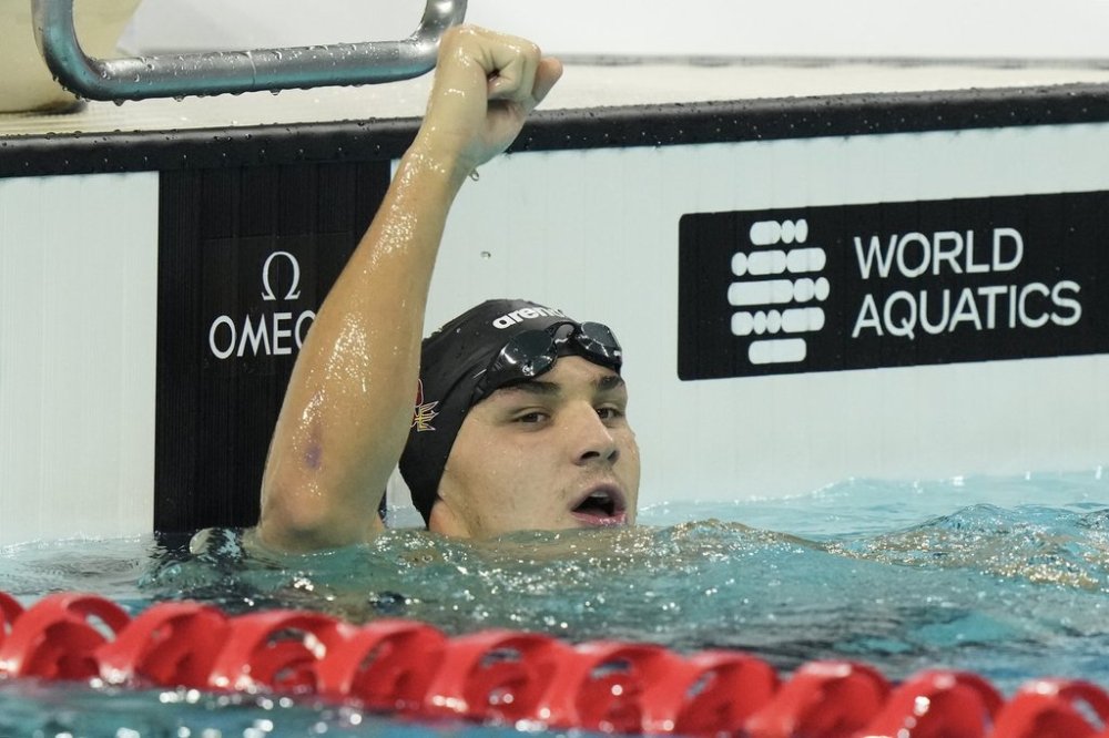 Canada's Ilya Kharun celebrates after winning the Men's 200m butterfly final at the World Aquatics Swimming World Cup in Toronto, on Friday, October 24, 2025. THE CANADIAN PRESS/Chris Young