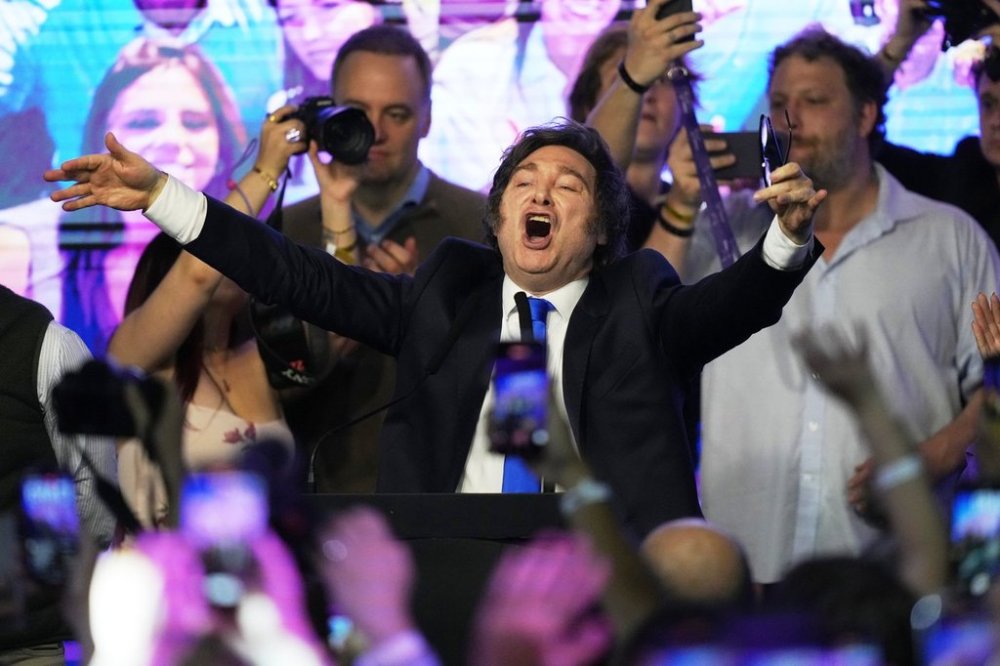 Argentina's President Javier Milei reacts after legislative midterm elections polls closed, in Buenos Aires, Argentina, Sunday, Oct. 26, 2025. (AP Photo/Rodrigo Abd)