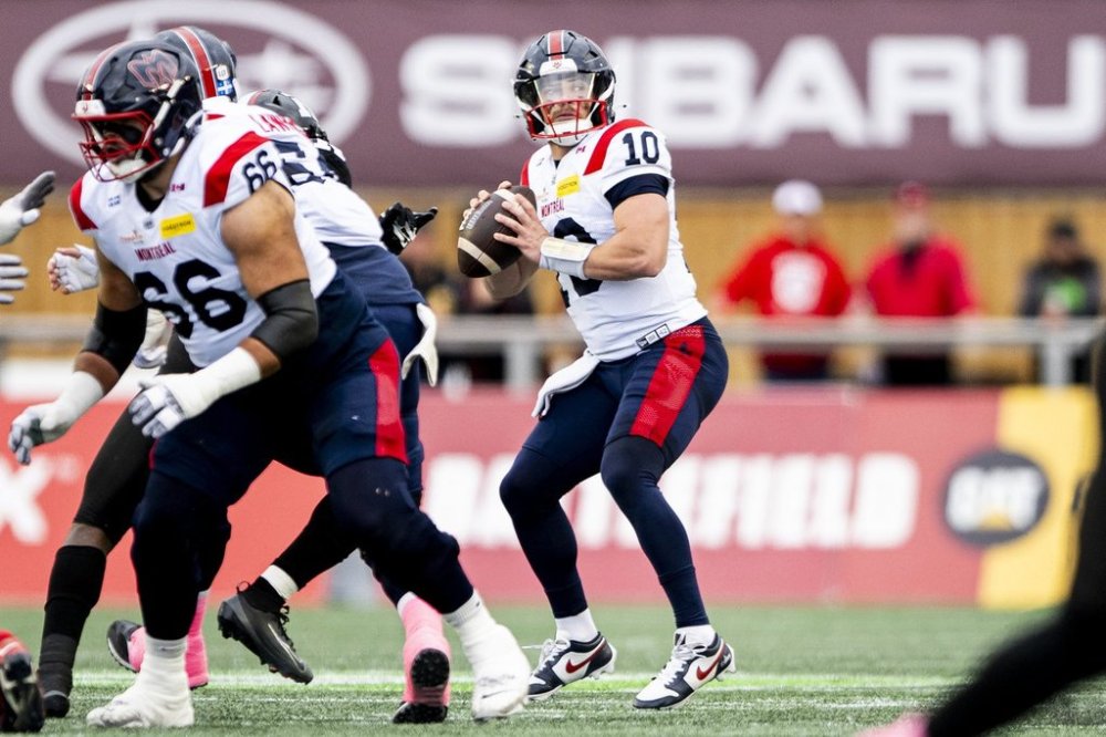 Montreal Alouettes quarterback Davis Alexander (10) looks for a pass during first half CFL action against the Ottawa Redblacks in Ottawa, Saturday, Oct. 18, 2025. THE CANADIAN PRESS/Spencer Colby