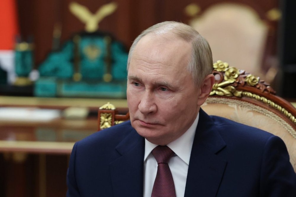 Russian President Vladimir Putin listens to Vitaly Mutko, the chief executive officer of Dom.RF, not pictured, during their meeting at the Kremlin in Moscow, Russia, on Monday, Oct. 20, 2025. (Alexander Kazakov, Sputnik, Kremlin Pool Photo via AP)