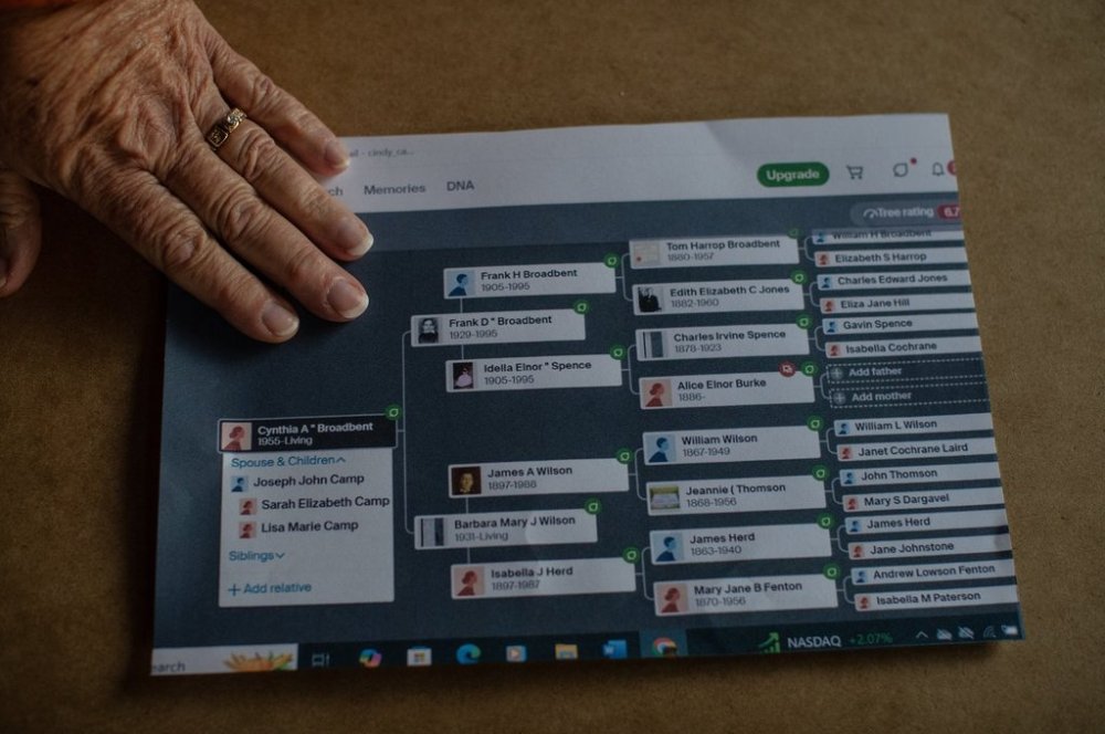 Cindy Camp holds a picture of her family tree in Sherwood Park, Alta., on Wednesday, Oct. 15, 2025. The body of Camp's great-grandmother was found in an old well in 2006 and Saskatoon police have just now in 2025, been able to put a name to the found remains. THE CANADIAN PRESS/Jason Franson