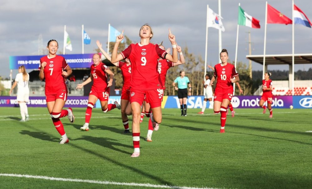 Melisa Kekic (No. 9) celebrates her goal in Canada's 2-1 win over France at the FIFA Women's U-17 World Cup on Saturday, Oct. 25, 2025, at the Football Academy Mohammed VI. THE CANADIAN PRESS/Handout - Canada Soccer- John Bruce (Mandatory Credit)