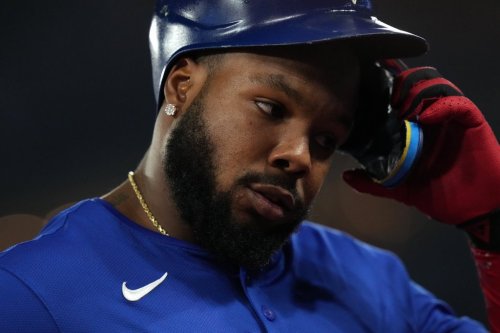 Toronto Blue Jays first baseman Vladimir Guerrero Jr. reacts after grounding out during sixth inning American League Championship Series baseball action against the Seattle Mariners in Toronto on Sunday, Oct. 12, 2025. THE CANADIAN PRESS/Chris Young