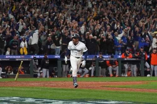 Seattle Mariners second baseman Jorge Polanco reacts after hitting an RBI-single for shortstop J.P. Crawford to score the game-winning run during the 15th inning in Game 5 of baseball's American League Division Series against the Detroit Tigers, Friday, Oct. 10, 2025, in Seattle. (AP Photo/Lindsey Wasson)