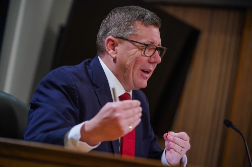 Saskatchewan Premier Scott Moe gestures while speaking during a press conference before the Speech from the Throne, in Regina, on Wednesday, Oct. 22, 2025. THE CANADIAN PRESS/Heywood Yu