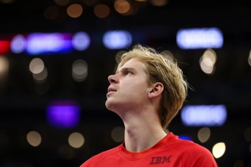Toronto Raptors guard Gradey Dick looks on during warms up of an NBA basketball pre-season game against the Sacramento Kings, Wednesday, Oct. 8, 2025, in Sacramento, Calif. (AP Photo/Scott Marshall)