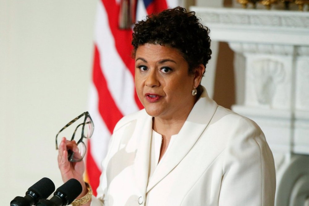FILE - Poet laureate Elizabeth Alexander speaks in the State Dining Room of the White House in Washington on April 17, 2015. (AP Photo/Andrew Harnik, File)