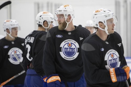 Edmonton Oilers' Mattias Ekholm (14) looks on during training camp in Edmonton on Thursday September 18, 2025. THE CANADIAN PRESS/Amber Bracken