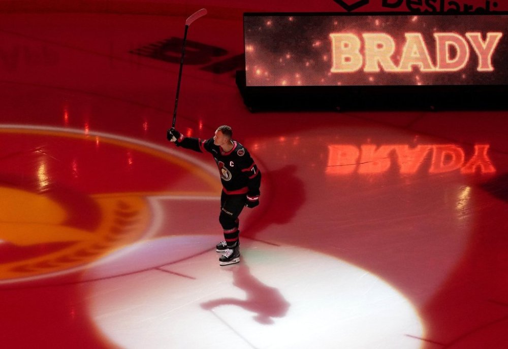 Ottawa Senators' Brady Tkachuk (7) skates onto the ice before the team's home opener, an NHL game against the Nashville Predators, in Ottawa, on Monday, Oct. 13, 2025. THE CANADIAN PRESS/Justin Tang