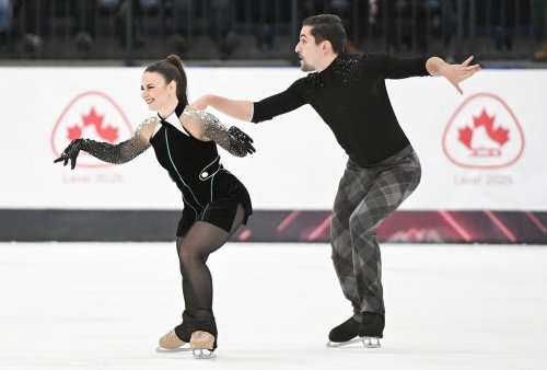 Marie-Jade Lauriault and Romain Le Gac perform their rhythm dance at the Canadian National Skating Championships in Laval, Que., Saturday, January 18,  2025. THE CANADIAN PRESS/Graham Hughes