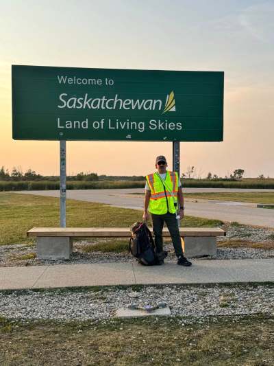 Andrew Cherkas started his fundraising walk at the Manitoba-Saskatchewan boundary. He planned to walk to the Manitoba-Ontario border, but fell to injury after 292 km. (Andrew Cherkas/Facebook)