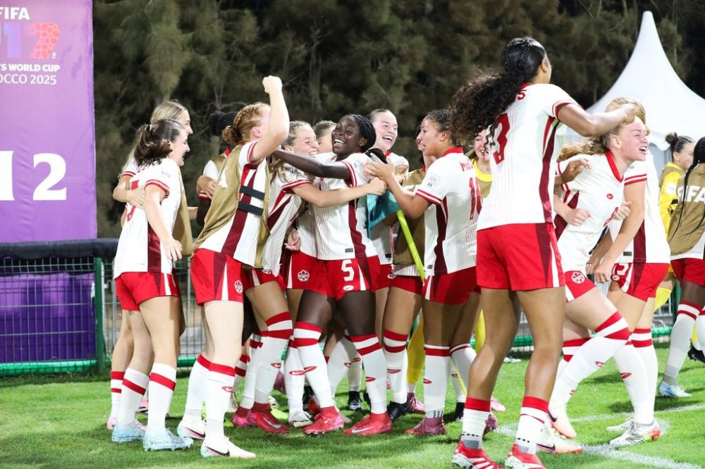 The Canadian team celebrates a goal in its 4-1 win over Nigeria at the FIFA U-17 Women's World Cup group play, in this handout photo, at Football Academy Mohammed VI in Sale, Morocco, on Sunday, Oct. 19, 2025. THE CANADIAN PRESS/Handout - Canada Soccer (Mandatory Credit)