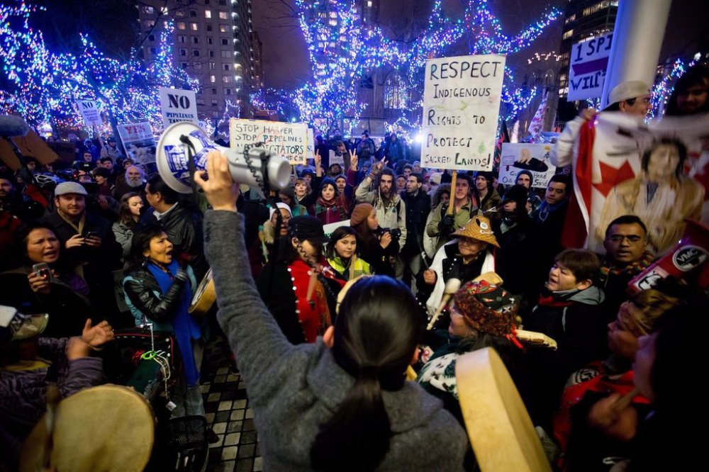Protesters demonstrate against the Enbridge Northern Gateway Pipeline in Vancouver, B.C., on Monday Jan. 14, 2013. THE CANADIAN PRESS/Darryl Dyck