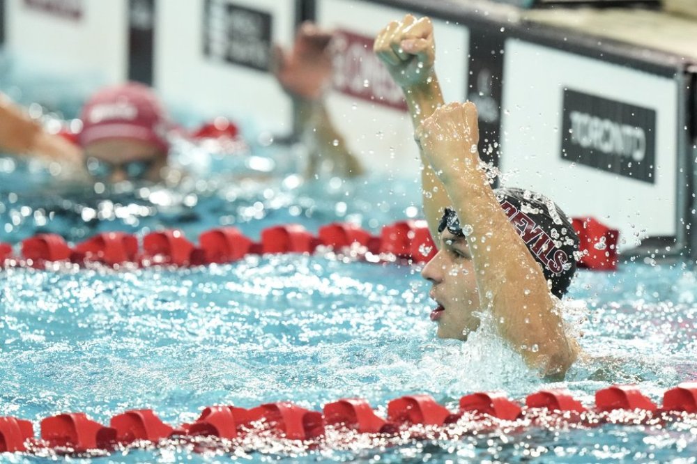 Canada's Ilya Kharun celebrates winning the Men's 50m Butterfly final at the World Aquatics Swimming World Cup in Toronto, on Saturday, October 25, 2025. THE CANADIAN PRESS/Chris Young