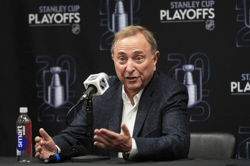 FILE - NHL Commissioner Gary Bettman speaks before Game 3 of an NHL hockey Stanley Cup second-round playoff series on May 9, 2025, in Sunrise, Fla. (AP Photo/Marta Lavandier, File)