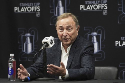NHL commissioner Gary Bettman speaks before a playoff game between the Florida Panthers and the Toronto Maple Leafs on Friday, May 9, 2025, in Sunrise, Fla. (AP Photo/Marta Lavandier)