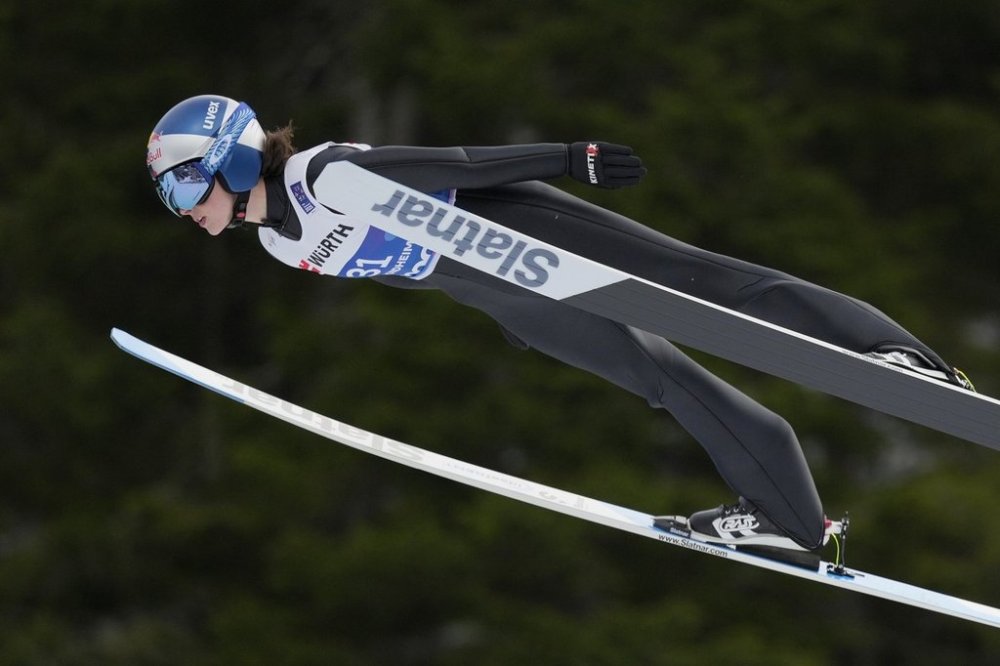 Alexandria Loutitt of Canada competes at the Women Normal Hill HS102 Individual Ski Jumping event at the Nordic World Ski Championships, in Trondheim, Norway, Friday, Feb. 28, 2025. (AP Photo/Matthias Schrader)