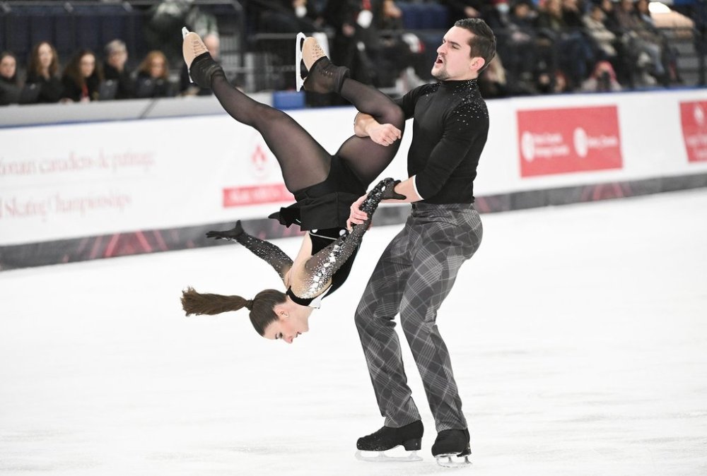 Marie-Jade Lauriault and Romain Le Gac perform their rhythm dance at the Canadian National Skating Championships in Laval, Que., on Jan. 18, 2025. THE CANADIAN PRESS/Graham Hughes