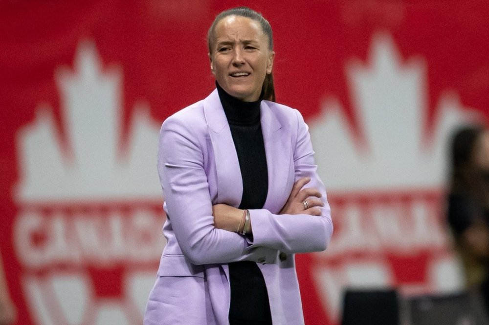 Canada women's national team soccer head coach Casey Stoney watches her team during an international friendly soccer match against Argentina in Vancouver, on Friday, April 4, 2025. THE CANADIAN PRESS/Ethan Cairns