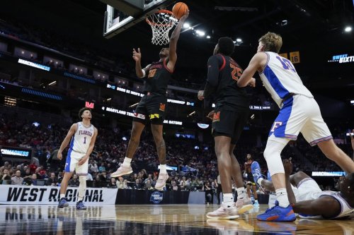Maryland forward Julian Reese (10) shoots during the second half in the Sweet 16 of the NCAA college basketball tournament game against Florida, Thursday, March 27, 2025, in San Francisco. (AP Photo/Godofredo A. Vásquez)
