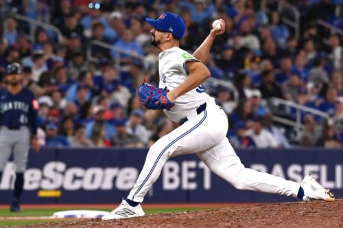 Blue Jays reliever Nick Sandlin throws to a Seattle Mariners batter in a Major League Baseball game in Toronto on April 19, 2025. THE CANADIAN PRESS/Jon Blacker