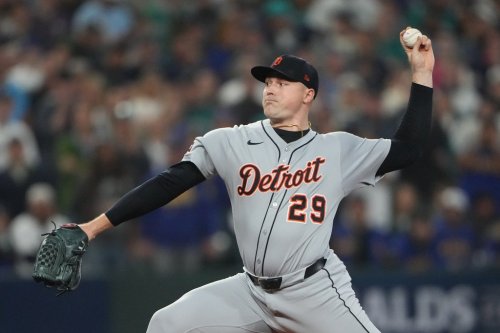 FILE - Detroit Tigers pitcher Tarik Skubal throws during the first inning in Game 5 of baseball's American League Division Series against the Seattle Mariners, Friday, Oct. 10, 2025, in Seattle. (AP Photo/Lindsey Wasson, File)