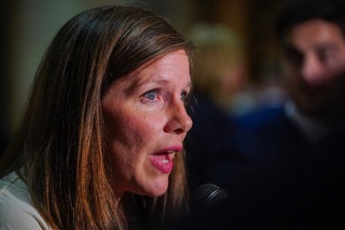 Saskatchewan NDP MLA for Regina Elphinstone-Centre Meara Conway speaks during a media scrum after the throne speech in Regina, on Wednesday, Oct. 22, 2025. THE CANADIAN PRESS/Heywood Yu