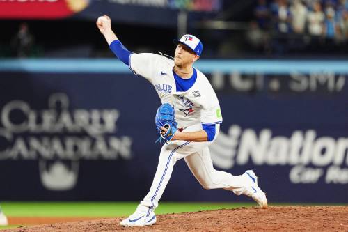 Toronto Blue Jays pitcher Jeff Hoffman (23) delivers a pitch against the Los Angeles Dodgers during eighth inning Game 7 World Series playoff MLB baseball action in Toronto on Saturday, Nov. 1, 2025. THE CANADIAN PRESS/Frank Gunn