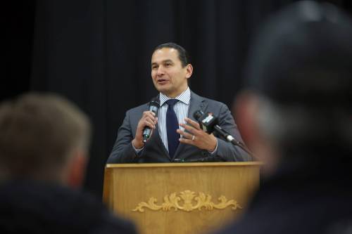 Kinew provides details about the newly announced $100-million overpass in Carberry on Thursday. (Tim Smith/The Brandon Sun)