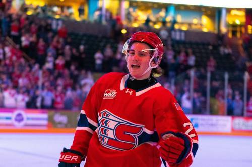 Spokane Chiefs defenceman Nolan Saunderson of Carberry celebrates his second career Western Hockey League goal after he scored after the Regina Pats on Nov. 19 at Numerica Veterans Arena. (Larry Brunt/Spokane Chiefs) Nov. 25, 2025