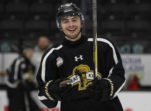 Brandon Wheat Kings defenceman Gio Pantelas smiles after arriving at practice at Assiniboine Credit Union Place on Thursday afternoon just as the team was stretching at the end. The draft eligible blue-liner flew back to Brandon from Lethbridge after competing in the CHL USA Prospects Challenge. He and the Wheat Kings will be in action tonight against the Prince Albert Raiders. (Perry Bergson/The Brandon Sun)