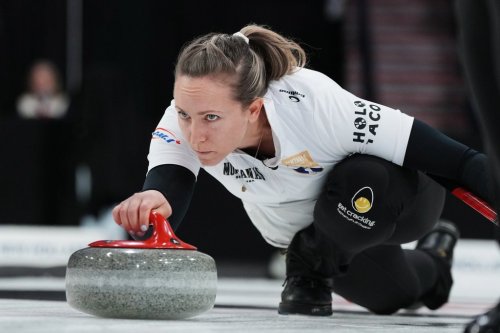 Skip Rachel Homan delivers a rock during the women's final at the Montana's Canadian Curling Trials in Halifax on Nov. 28, 2025. THE CANADIAN PRESS/Darren Calabrese