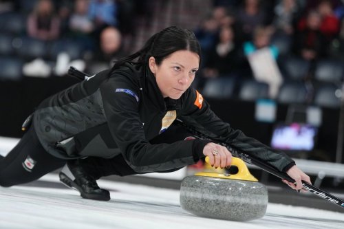 Kerri Einarson delivers a rock during the Montana's Canadian Curling Trials in Halifax on Nov. 27, 2025. THE CANADIAN PRESS/Darren Calabrese