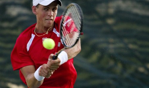 Canada's Vasek Pospisil returns a shot to Israel's Dudi Sela during Davis Cup World Group play-off Tennis match in Canada Stadium in Ramat Hasharon near Tel Aviv, ,Friday, Sept. 16, 2011. (AP Photo/Ariel Schalit)