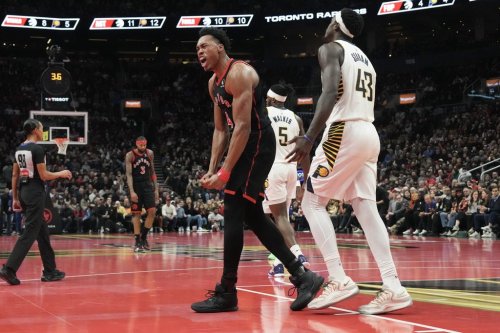 Toronto Raptors forward Scottie Barnes (4) celebrates after a foul on Indiana Pacers forward Pascal Siakam (43) during first half NBA Cup basketball action in Toronto on Wednesday, November 26, 2025. THE CANADIAN PRESS/Chris Young