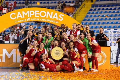 Canada celebrates its 8-2 win over Panama in the final of the first-ever CONCACAF W women's Futsal Championship, in Guatemala City in a May 4, 2025, handout photo. THE CANADIAN PRESS/Handout - Canada Soccer (Mandatory Credit)