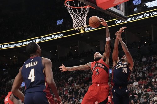 Toronto Raptors forward Brandon Ingram (3) claims a defensive rebound from Cleveland Cavaliers guard Jaylon Tyson (20) during first half NBA basketball action in Toronto on Monday November 24, 2025. THE CANADIAN PRESS/Chris Young