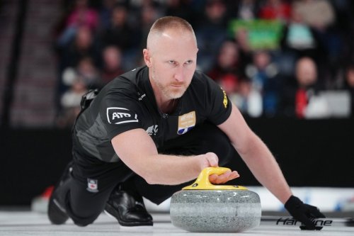 Team Jacobs skip Brad Jacobs throws a stone during Canadian Olympic curling trials finals action against Team Dunstone in Halifax on Saturday, November 29, 2025. THE CANADIAN PRESS/Darren Calabrese