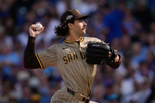 San Diego Padres' Dylan Cease throws during the first inning of Game 2 of a National League wild card baseball game against the Chicago Cubs Wednesday, Oct. 1, 2025, in Chicago. (AP Photo/Erin Hooley)